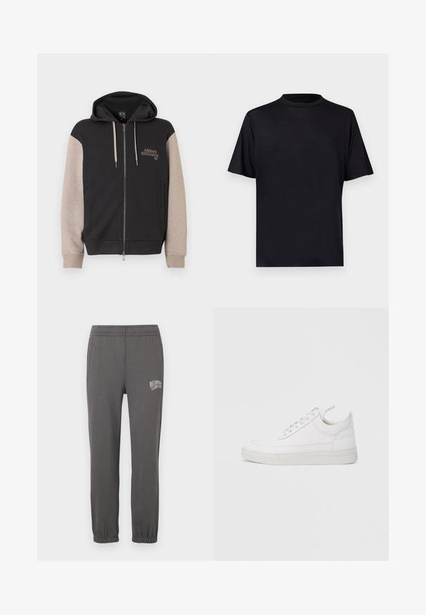Sudadera con capucha y cremallera, con cuerpo negro y mangas beige. El material es suave con una textura lisa. Logo de la marca en el pecho en un color contrastante.; Camiseta negra de manga corta con cuello alto, hecha de una tela suave y ligera, con un diseño minimalista sin estampados ni adornos.; Pantalones de chándal grises con una cintura elástica, puños ajustados y un pequeño logo blanco que dice "Billionaire Boy Club" en el muslo izquierdo.; Zapatilla blanca de cuero con punta redondeada, suela plana y cierre de cordones. Presenta detalles de costuras y un cuello acolchado para mayor comodidad.