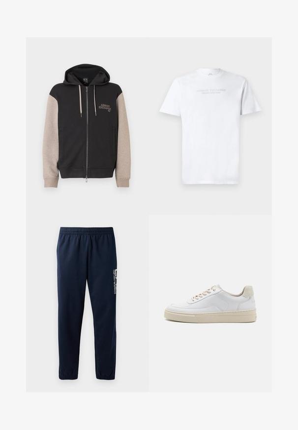 Sudadera con capucha y cremallera, con cuerpo negro y mangas beige. El material es suave con una textura lisa. Logo de la marca en el pecho en un color contrastante.; Camiseta blanca de algodón con cuello redondo, mangas cortas y logo en relieve "ARMANI EXCHANGE MILANO/NEW YORK" en la parte frontal.; Pantalones de chándal azul marino con cintura elástica, piernas ajustadas y un logo blanco en el lateral. Tejido suave con una textura ligera.; Zapatilla blanca con parte superior de cuero suave, cordones beige y un tirador de talón de ante beige texturizado. Suela elevada para mayor altura.