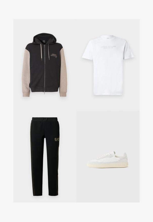 Kapuzensweatshirt mit Reißverschluss, schwarzer Körper und beige Ärmel. Das Material ist weich mit glatter Textur. Markenlogo auf der Brust in kontrastierender Farbe.; Weißes Baumwoll-T-Shirt mit Rundhalsausschnitt, kurzen Ärmeln und geprägt "ARMANI EXCHANGE MILANO/NEW YORK" Logo auf der Vorderseite.; Schwarze Jogginghosen mit schmalem Schnitt, elastischem Bund mit Kordelzug und goldenen Akzentstreifen an den Seiten sowie einem Logo.; Weißer Sneaker mit strukturiertem Obermaterial aus Wildleder und Leder. Verfügt über eine runde Zehenpartie, Schnürverschluss und eine kontrastierende beige Gummisohle.