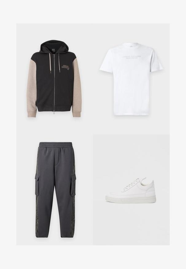 Hættetrøje med lynlås og sort krop samt beige ærmer. Materialet er blødt med en glat tekstur. Brandlogo på brystet i kontrastfarve.; Hvid bomulds T-shirt med rund halsudskæring, korte ærmer og prægede "ARMANI EXCHANGE MILANO/NEW YORK" logo på fronten.; Grå joggebukser lavet af et blødt stof, med cargo-lommer og et mønstret sidepanel for ekstra detaljer. Elastisk talje inkluderet.; Hvid lædersneaker med rundet tå, flad sål og snørebånd foran. Har syningsdetaljer og polstret krave for komfort.
