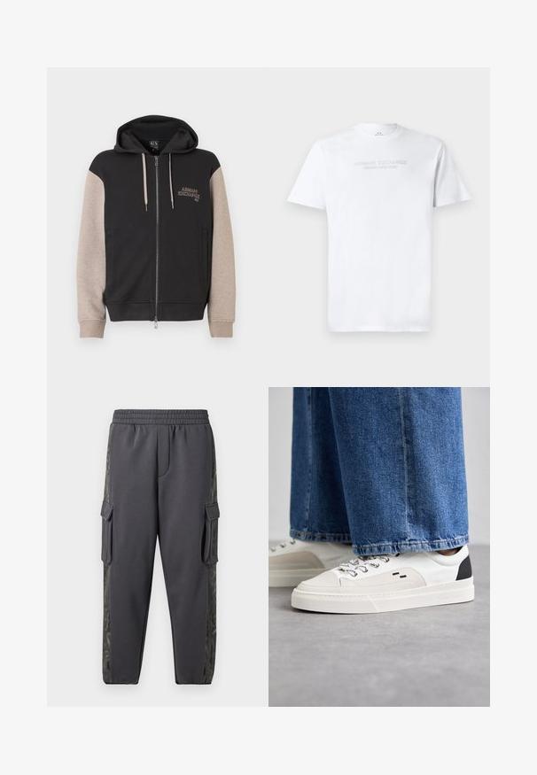 Mikina s kapucňou na zips, čierne telo a béžové rukávy. Materiál je mäkký so hladkou textúrou. Logo značky na hrudi v kontrastnej farbe.; Biela bavlnená tričko s okrúhlym výstrihom, krátkymi rukávmi a embosovaným logom "ARMANI EXCHANGE MILANO/NEW YORK" na prednej strane.; Šedé teplákové nohavice vyrobené z jemnej tkaniny, s cargo vreckami a vzorovaným bočným panelom pre pridanie detailu. Zahrnutý elastický pás.; Biele a čierne tenisky s hladkým koženým zvrškom, štruktúrovanými akcentmi a masívnou bielou podrážkou. Obsahujú klasický dizajn so šnurovaním.