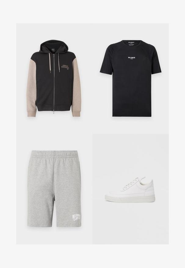 Kapuzensweatshirt mit Reißverschluss, schwarzer Körper und beige Ärmel. Das Material ist weich mit glatter Textur. Markenlogo auf der Brust in kontrastierender Farbe.; Schwarzes T-Shirt mit kurzen Ärmeln aus glattem Stoff, ausgestattet mit einem Rundhalsausschnitt und einem weißen "SILENCE"-Logo auf der Brust.; Graue Baumwollshorts mit einem elastischen Bund und einem weißen Logo auf der unteren rechten Seite. Weicher Stoff, knielanger Schnitt.; Weißer Ledersneaker mit abgerundetem Zehenbereich, flacher Sohle und Schnürverschluss. Verfügt über Nahtdetails und einen gepolsterten Kragen für zusätzlichen Komfort.