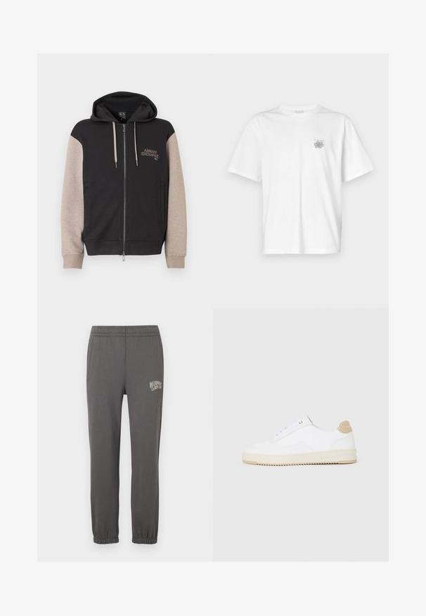 Kapuzensweatshirt mit Reißverschluss, schwarzer Körper und beige Ärmel. Das Material ist weich mit glatter Textur. Markenlogo auf der Brust in kontrastierender Farbe.; Weißes T-Shirt aus Baumwolle mit kurzen Ärmeln, Rundhalsausschnitt und kleinem grauen Logo auf der linken Brustseite. Glatte Textur.; Graue Jogginghose mit elastischem Bund, schmal zulaufenden Bündchen und einem kleinen weißen Logo mit der Aufschrift "Billionaire Boy Club" am linken Oberschenkel.; Weiße Low-Top-Sneaker mit einem strukturierten Lederobermaterial, cremefarbener, geriffelter Sohle und einem braunen Akzent an der Ferse. Mit weißen Schnürsenkeln und Logodetail an der Ferse.