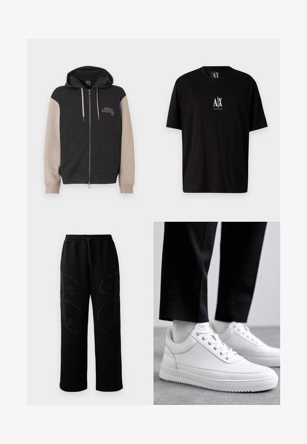 Hættetrøje med lynlås og sort krop samt beige ærmer. Materialet er blødt med en glat tekstur. Brandlogo på brystet i kontrastfarve.; Sort bomulds T-shirt med korte ærmer, rund halsudskæring og et lille hvidt logo "A|X" centreret på brystet.; Sorte joggingbukser med en afslappet pasform, der har intrikate spiralmønstre i syningerne langs siderne samt en elastisk talje med snoretræk.; Hvide lædersneakers med en flad gummisål, der har en glat overflade, rund tå og metaløjer til snørebånd. Bæret med sorte bukser.