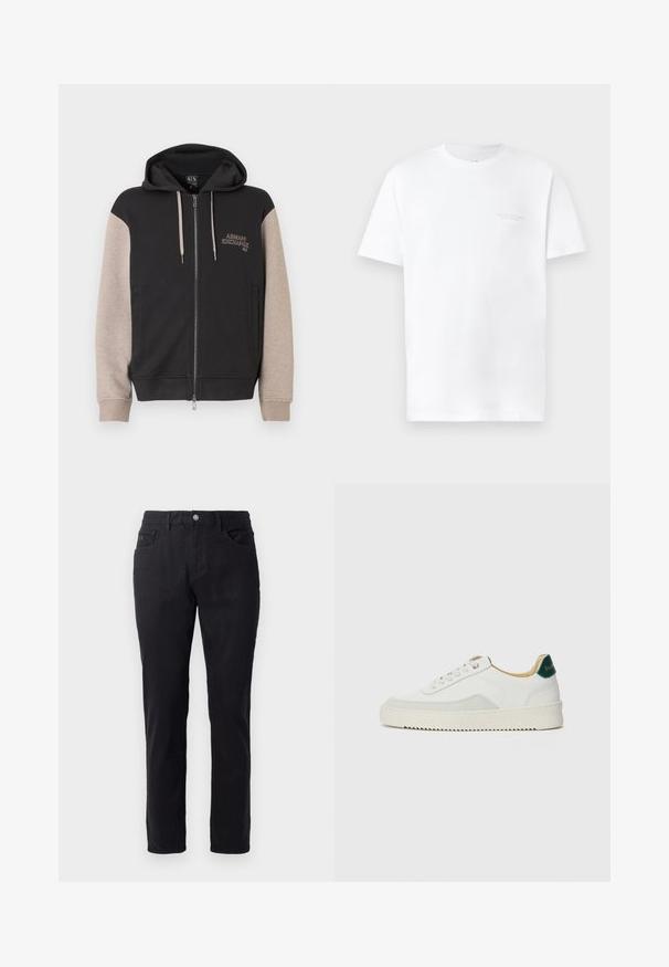 Mikina s kapucňou na zips, čierne telo a béžové rukávy. Materiál je mäkký so hladkou textúrou. Logo značky na hrudi v kontrastnej farbe.; Biela bavlnená tričko s krátkymi rukávmi, okrúhlym výstrihom, s jemným sivým logom potlačeným na ľavej strane hrudi a hladkou textúrou.; Čierne bavlnené nohavice s rovnými nohavicami, vybavené gombíkovým zapínaním, dvoma prednými vreckami a hladkou textúrou.; Biele tenisky s semišovými akcentmi, zaoblenou špičkou, plochými šnúrkami a krémovou gumovou podrážkou. Na päte sú zelené značky.