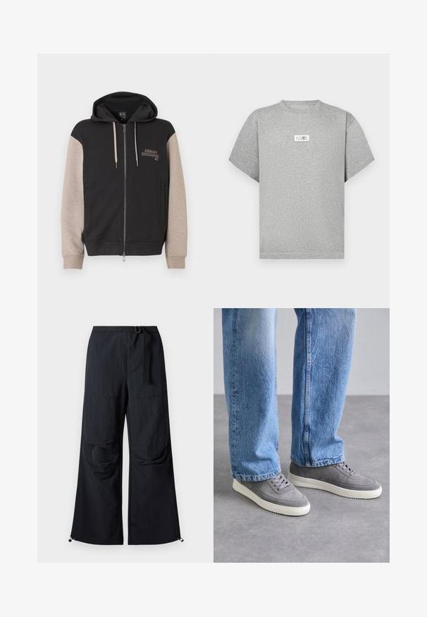 Sudadera con capucha y cremallera, con cuerpo negro y mangas beige. El material es suave con una textura lisa. Logo de la marca en el pecho en un color contrastante.; Camiseta gris de manga corta hecha de algodón suave. Presenta una etiqueta rectangular en la parte delantera con texto negro y un diseño minimalista.; Pantalones negros de pierna ancha hechos de tela ligera. Cuentan con un cinturón, dos grandes bolsillos laterales y dobladillos ajustables con cierres de cordón.; Zapatillas grises con parte superior de ante y suela de goma. Presentan punta redondeada, seis oberturas para cordones y detalles texturizados. Combinadas con unos jeans de color azul claro.