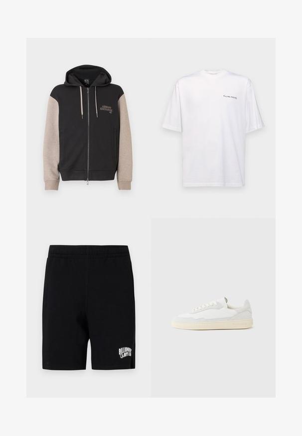 Mikina s kapucňou na zips, čierne telo a béžové rukávy. Materiál je mäkký so hladkou textúrou. Logo značky na hrudi v kontrastnej farbe.; Biela krátka rukávová tričko vyrobené z bavlny s výstrihom do V, s čiernym logom "FILLING PIECES" potlačeným na ľavej strane.; Čierne šortky vyrobené z jemnej bavlnenej zmesi s elastickým pásom, s bielym logom na ľavom stehne a bočnými vreckami.; Biela teniska s jemne štruktúrovaným zvrškom zo semišu a kože. Má zaoblenú špičku, viazanie na šnúrky a kontrastnú béžovú gumovú podrážku.