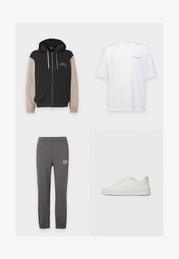 Mikina s kapucňou na zips, čierne telo a béžové rukávy. Materiál je mäkký so hladkou textúrou. Logo značky na hrudi v kontrastnej farbe.; Biela krátka rukávová tričko vyrobené z bavlny s výstrihom do V, s čiernym logom "FILLING PIECES" potlačeným na ľavej strane.; Šedé tepláky s elastickým pásom, zúženými manžetami a malou bielou potlačou s nápisom "Billionaire Boy Club" na ľavom stehne.; Biele kožené tenisky s hladkým povrchom, okrúly špičkový dizajn, ploché šnúrky a textúrovaná podrážka. Obsahujú jemné logo na päte.
