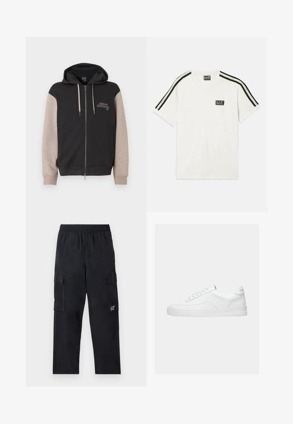 Mikina s kapucňou na zips, čierne telo a béžové rukávy. Materiál je mäkký so hladkou textúrou. Logo značky na hrudi v kontrastnej farbe.; Biela bavlnená tričko s okrúhlym výstrihom, krátkymi rukávmi, čiernymi akcentovými pruhmi na pleciach a malým logom EA7 na hrudi.; Čierne cargo nohavice s elastickým pásom, bočnými vreckami a malým logom na ľavej nohe. Vyrobené z ľahkej, hladkej tkaniny.; Biela nízka teniska so šnurovacím dizajnom, hladkým koženým zvrškom a hrubou podrážkou, zobrazená z bočného pohľadu na jednoduchom pozadí.
