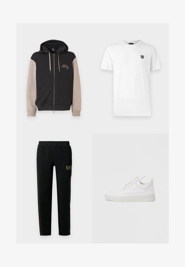 Mikina s kapucňou na zips, čierne telo a béžové rukávy. Materiál je mäkký so hladkou textúrou. Logo značky na hrudi v kontrastnej farbe.; Biela bavlnená tričko s krátkymi rukávmi, s malým čiernym logom na ľavej hrudi. Klasický dizajn s okrúhlym výstrihom.; Čierne tepláky majú zúžený strih, elastický pás so šnúrkou a zlaté prízvuky pozdĺž strán a na logu.; Biela kožená teniska s okrúhlou špičkou, plochou podrážkou a šnurovaním vpredu. Má švy a polstrovaný golier pre pohodlie.