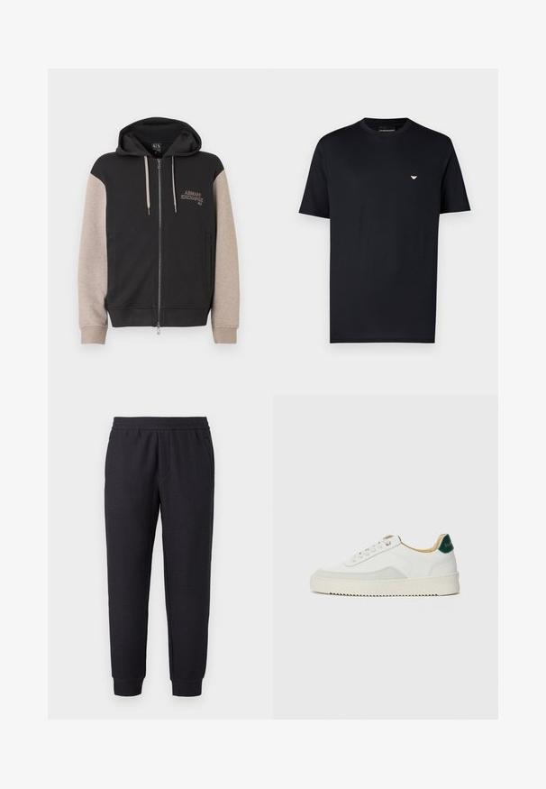 Sudadera con capucha y cremallera, con cuerpo negro y mangas beige. El material es suave con una textura lisa. Logo de la marca en el pecho en un color contrastante.; Camiseta negra de algodón con cuello redondo, mangas cortas y un pequeño logo dorado en el pecho. Textura suave, ajuste estándar.; Pantalones deportivos negros con corte cónico, cinturilla y puños elásticos, con un sutil patrón texturizado y bolsillos laterales.; Zapatilla blanca con acentos de ante, puntera redondeada, cordones planos y suela de goma color crema. Presenta un logo verde en el talón.