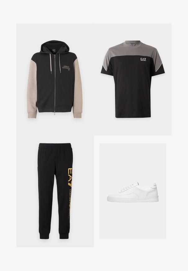 Zip-up sweatvest met capuchon, met een zwart lijf en beige mouwen. Het materiaal is zacht en heeft een gladde textuur. Het merklogo staat contrasterend op de borst.; Zwart-grijze EA7 Emporio Armani T-shirt met korte mouwen, logo op de borst en witte afwerking aan de mouwen.; Zwarte trainingsbroek van zacht materiaal, met een elastische tailleband en cuffed enkels. Gele branding die verticaal op het linkerpijp is gedrukt.; Witte lage sneaker met vetersluiting, glad leren bovenwerk en dikke zool, gezien vanuit de zijkant tegen een effen achtergrond.