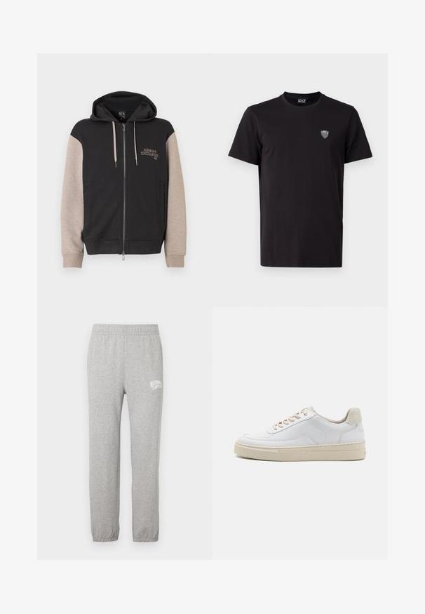 Mikina s kapucňou na zips, čierne telo a béžové rukávy. Materiál je mäkký so hladkou textúrou. Logo značky na hrudi v kontrastnej farbe.; Čierne tričko s krátkym rukávom vyrobené z hladkej tkaniny, s jemne vyšitým logom na ľavej hrudi a klasickým okrúhlym výstrihom.; Sivé bavlnené tepláky s elastickým pásom a zúženými nohavicami. Na ľavom stehne je biele logo. Hladká textúra.; Biele tenisky s hladkým koženým zvrškom, béžovými šnúrkami a textúrovaným béžovým semišovým pätovým panelom. Zvýšená podrážka pre väčšiu výšku.