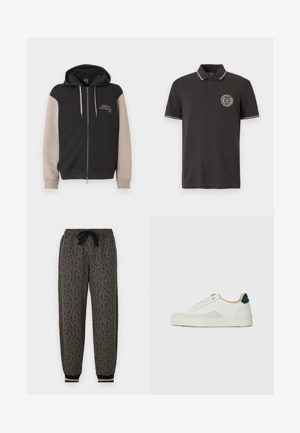 Sweat à capuche zippé avec corps noir et manches beige. Le matériau est doux avec une texture lisse. Logo de la marque sur la poitrine en couleur contrastante.; Polo noir à manches courtes avec trois boutons, bord blanc sur le col et les manches, et un patch circulaire avec logo sur le côté gauche de la poitrine.; Pantalons de jogging à motifs en noir et beige, dotés d'une taille élastique avec cordon de serrage, de poignets côtelés et d'un design géométrique sur l'ensemble.; Baskets blanches avec des accents en daim, bout arrondi, lacets plats et semelle en caoutchouc crème. Présente une marque verte sur le talon.