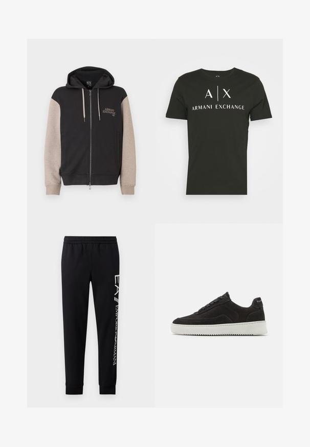 Zip-up sweatvest met capuchon, met een zwart lijf en beige mouwen. Het materiaal is zacht en heeft een gladde textuur. Het merklogo staat contrasterend op de borst.; Zwarte ronde hals t-shirt van katoen, met het logo "A|X ARMANI EXCHANGE" in het wit. Korte mouwen en een comfortabele pasvorm.; Zwarte sweatpants van een katoenmix, met een elastische tailleband, taps toelopende benen, ribgebreide boorden en een wit logo-opdruk langs de zijkant.; Zwarte suède sneakers met een gestructureerde afwerking, voorzien van platte veters en een contrasterende witte rubberen zool met een zigzagpatroon.