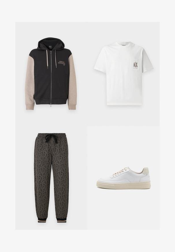 Sudadera con capucha y cremallera, con cuerpo negro y mangas beige. El material es suave con una textura lisa. Logo de la marca en el pecho en un color contrastante.; Camiseta de algodón blanca con mangas cortas, cuello redondo y un bolsillo en el pecho izquierdo con el logotipo bordado "A|X" en marrón.; Pantalones jogger con estampado en negro y beige, con una cintura elástica y cordón de ajuste, puños acanalados y un diseño geométrico en toda la prenda.; Zapatilla blanca con parte superior de cuero suave, cordones beige y un tirador de talón de ante beige texturizado. Suela elevada para mayor altura.
