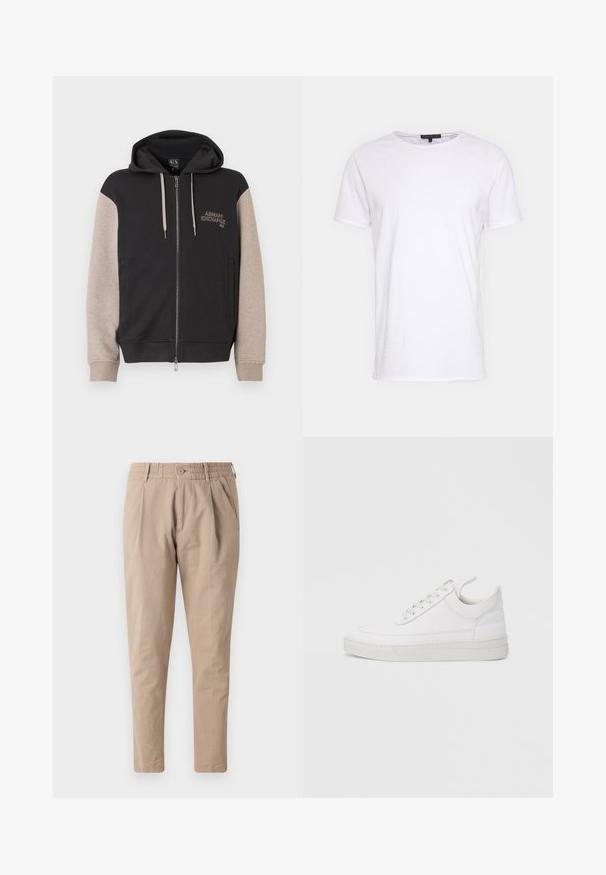 Hættetrøje med lynlås og sort krop samt beige ærmer. Materialet er blødt med en glat tekstur. Brandlogo på brystet i kontrastfarve.; Hvid bomulds t-shirt med rund halsudskæring, korte ærmer og lige snit. Har en enkel, glat overflade uden yderligere mønstre.; Beige bomuldsbukser med afslappet pasform, elastisk talje, knaplukning og sidelommer. Glat tekstur, tapered ben design.; Hvid lædersneaker med rundet tå, flad sål og snørebånd foran. Har syningsdetaljer og polstret krave for komfort.