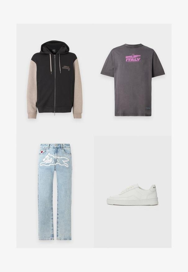 Zip-up sweatvest met capuchon, met een zwart lijf en beige mouwen. Het materiaal is zacht en heeft een gladde textuur. Het merklogo staat contrasterend op de borst.; Iceberg T-shirt print - grigio scuro; Icecream RUNNING DOG PANT - Straight leg jeans - heavy wash blue; Witte leren sneaker met een gladde afwerking, ronde neus, platte veters en een gestructureerde zool. Kenmerkt zich door een subtiel logo op de hiel.