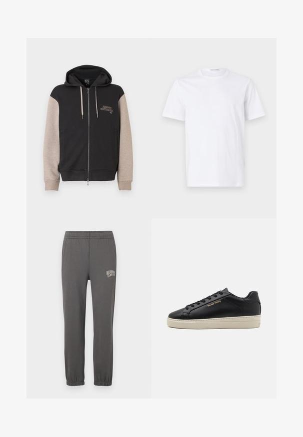 Hættetrøje med lynlås og sort krop samt beige ærmer. Materialet er blødt med en glat tekstur. Brandlogo på brystet i kontrastfarve.; Hvid bomulds t-shirt med rund halsudskæring og korte ærmer. Glat tekstur, lige snit og minimalistisk design uden mønstre eller accenter.; Grå sweatpants med elastisk livrem, tætsiddende manchetter og et lille hvidt logo med teksten "Billionaire Boy Club" på venstre lår.; Sorte lædersneakers med en glat finish, kontrasterende cremefarvet sål, rund tå, guld logo på siden og seks huller til snørebånd.