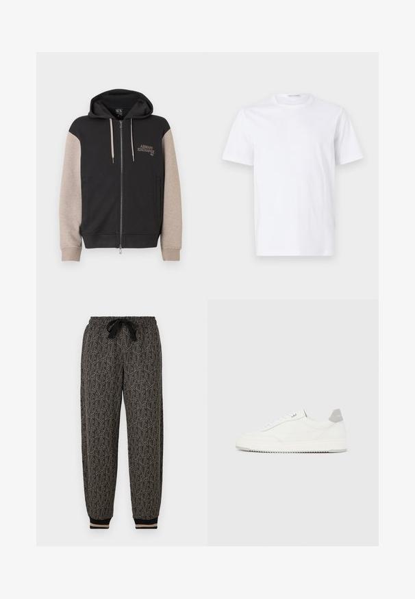 Mikina s kapucňou na zips, čierne telo a béžové rukávy. Materiál je mäkký so hladkou textúrou. Logo značky na hrudi v kontrastnej farbe.; Biely bavlnený tričko s okrúhlym výstrihom a krátkymi rukávmi. Hladká textúra, rovný strih a minimalistický dizajn bez vzorov alebo akcentov.; Kvetinové jogger nohavice v čiernej a béžovej farbe, s elastickým pásom na šnúrku, rebrovanými manžetami a geometrickým vzorom po celom povrchu.; Biela nízka teniska so sivým pätovým pásikom, bielymi šnúrkami a členitou podrážkou, zobrazená na jednoduchom svetlom pozadí.