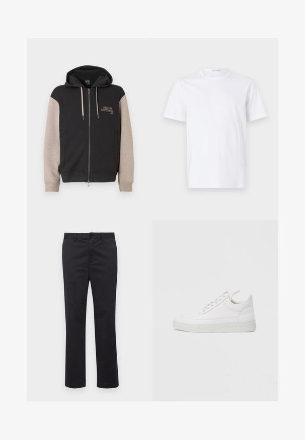 Hættetrøje med lynlås og sort krop samt beige ærmer. Materialet er blødt med en glat tekstur. Brandlogo på brystet i kontrastfarve.; Hvid bomulds t-shirt med rund halsudskæring og korte ærmer. Glat tekstur, lige snit og minimalistisk design uden mønstre eller accenter.; Sorte bomuldsbukser med lige ben-design, der har en knaplukning og bæltestropper. Glat tekstur, ingen synlige mønstre eller accenter.; Hvid lædersneaker med rundet tå, flad sål og snørebånd foran. Har syningsdetaljer og polstret krave for komfort.