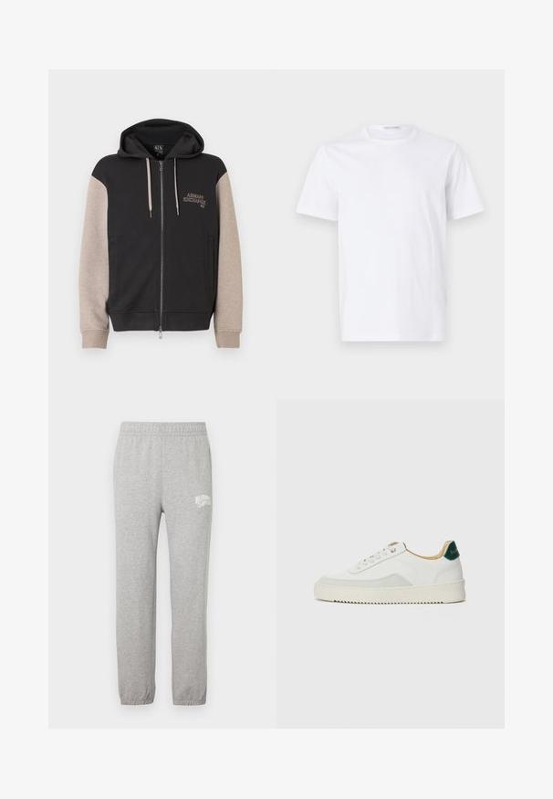 Hættetrøje med lynlås og sort krop samt beige ærmer. Materialet er blødt med en glat tekstur. Brandlogo på brystet i kontrastfarve.; Hvid bomulds t-shirt med rund halsudskæring og korte ærmer. Glat tekstur, lige snit og minimalistisk design uden mønstre eller accenter.; Grå bomulds sweatpants med elastisk talje og tapered ben. Har et hvidt logo på venstre lår. Glat tekstur.; Hvide sneakers med ruskindsdetaljer, rund tå, flade snørebånd og en cremet gummisål. Har grøn branding på hælen.