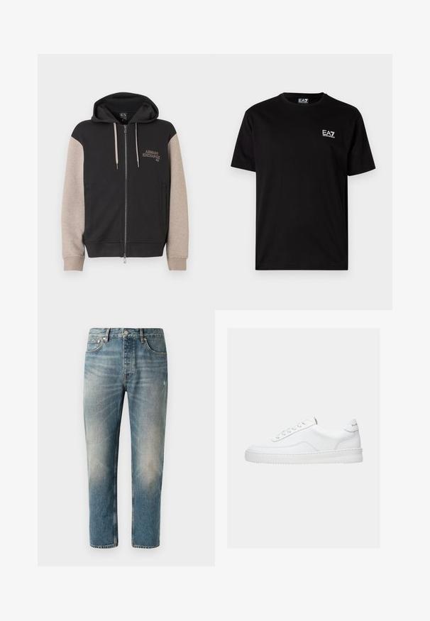 Mikina s kapucňou na zips, čierne telo a béžové rukávy. Materiál je mäkký so hladkou textúrou. Logo značky na hrudi v kontrastnej farbe.; Čierne bavlnené tričko s krátkymi rukávmi, okrúhlym výstrihom a malým bielym logom EA7 na ľavej hrudi. Hladká štruktúra, bežný strih.; Svetlomodré denimo nohavice so rovnými nohavicami. Obsahujú zapínanie na gombík, päť vreciek a jemne vyblednuté oblasti a efekt zamieňania na stehnách.; Biela nízka teniska so šnurovacím dizajnom, hladkým koženým zvrškom a hrubou podrážkou, zobrazená z bočného pohľadu na jednoduchom pozadí.
