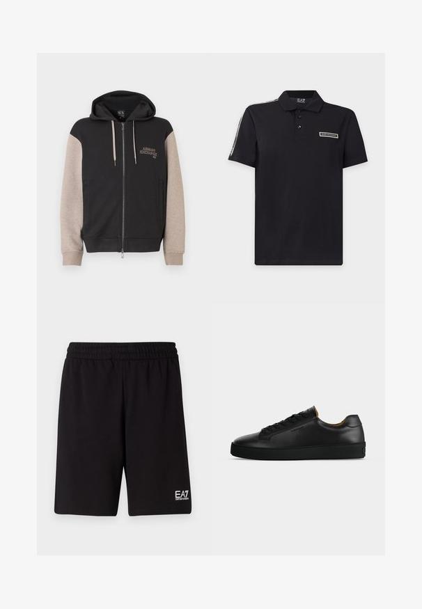 Sweat à capuche zippé avec corps noir et manches beige. Le matériau est doux avec une texture lisse. Logo de la marque sur la poitrine en couleur contrastante.; Polo noir à manches courtes avec trois boutons, logo EA7 Emporio Armani sur la poitrine et bande à logo le long de l'épaule.; Shorts de sport noirs en tissu doux, avec une taille élastique et un petit logo blanc en bas à droite.; Basket basse en cuir noir avec lacets noirs, semelle en caoutchouc texturée et petit logo embossé sur le côté, présenté de profil sur fond gris.