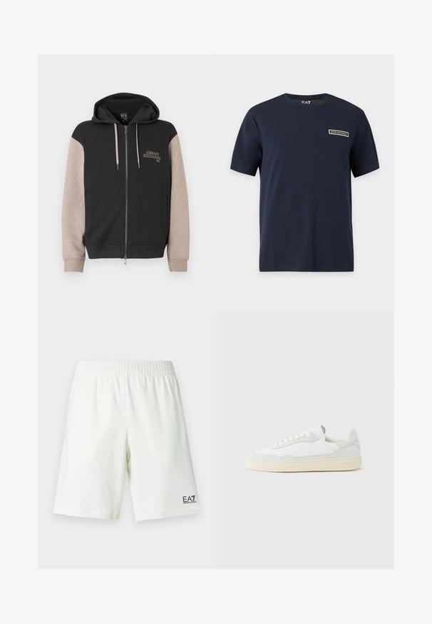 Sweat à capuche zippé avec corps noir et manches beige. Le matériau est doux avec une texture lisse. Logo de la marque sur la poitrine en couleur contrastante.; T-shirt bleu marine à manches courtes avec un petit patch rectangulaire du logo EA7 Emporio Armani sur la poitrine gauche et une étiquette EA7 à l’intérieur du col.; Shorts à taille élastique blanche avec logo EA7 Emporio Armani en noir sur la jambe droite en bas.; Baskets blanches avec dessus en daim et cuir texturé. Caractérisées par un bout arrondi, une fermeture à lacets et une semelle en caoutchouc beige contrastante.