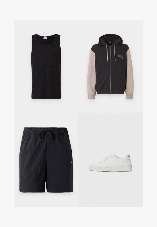 Sweat à capuche zippé avec corps noir et manches beige. Le matériau est doux avec une texture lisse. Logo de la marque sur la poitrine en couleur contrastante.; Débardeur noir sans manches en matériau texturé. Doté d'un col rond et d'un accent logo discret près de l'ourlet. Design simple.; Shorts de bain noirs en tissu texturé, avec une taille élastique à cordon de serrage et un petit logo sur le côté.; Baskets en cuir blanc avec une finition lisse, bout arrondi, lacets plats et semelle texturée. Présente un logo discret sur le talon.