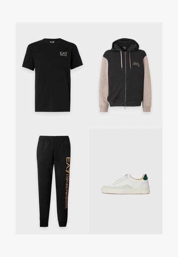 Zip-up sweatvest met capuchon, met een zwart lijf en beige mouwen. Het materiaal is zacht en heeft een gladde textuur. Het merklogo staat contrasterend op de borst.; Zwarte katoenen t-shirt met korte mouwen. Beschikt over een gouden EA7 Emporio Armani-logo op de borst. Klassiek ontwerp met ronde hals. Gladde textuur.; Zwarte sweatpants met elastische tailleband en aangesloten boorden. Heeft een verticale gouden logoprint op het linkerpant. Gemaakt van zachte stof.; Witte sneaker met suède accenten, ronde neus, platte veters en een crème rubberen zool. Bevat groene branding op de hiel.