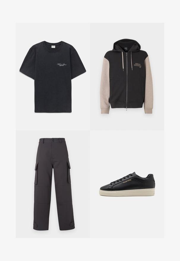 Sudadera con capucha y cremallera, con cuerpo negro y mangas beige. El material es suave con una textura lisa. Logo de la marca en el pecho en un color contrastante.; Camisa de tirantes negra con cuello redondo y logo pequeño en blanco de "Filling Pieces" en el lado izquierdo del pecho.; Pantalones cargo en gris oscuro, hechos de tela suave, con dos bolsillos laterales y cierres de botón. Ajuste holgado con puños en los dobladillos.; Zapatilla de cuero negra con un acabado suave, suela crema en contraste, puntera redonda, logo dorado en el lateral y seis ojales para los cordones.