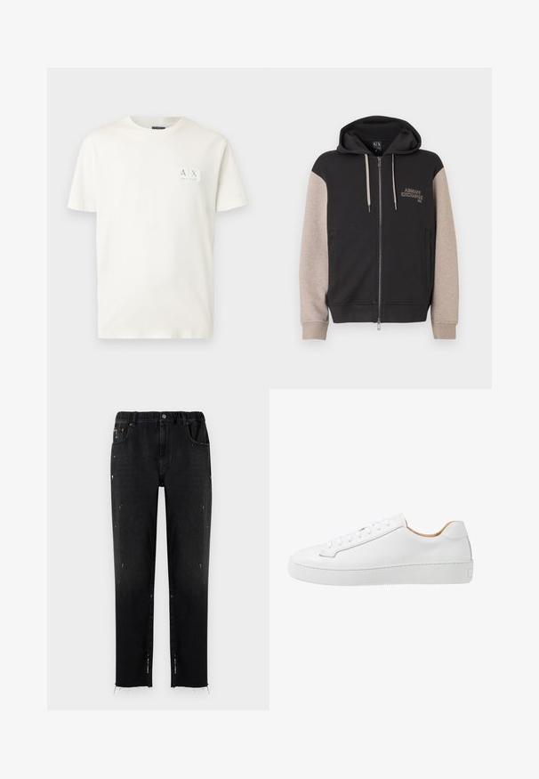 Sudadera con capucha y cremallera, con cuerpo negro y mangas beige. El material es suave con una textura lisa. Logo de la marca en el pecho en un color contrastante.; Camiseta de algodón blanca con cuello redondo y mangas cortas, que presenta un pequeño parche de logo rectangular en la esquina superior izquierda.; Vaqueros negros de denim con cinturilla elástica, corte recto, detalles desgastados y dobladillo desflecado. Presenta bolsillos y cierre con botón.; Zapatilla de cuero blanca con un acabado suave, punta redonda, diseño de cordones planos y suela de goma gruesa con un patrón de agarre texturizado.