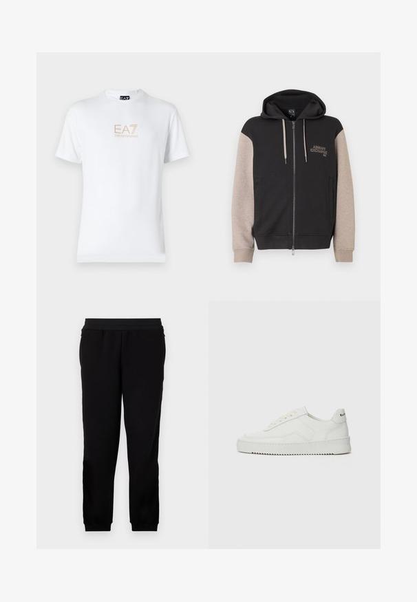 Zip-up sweatvest met capuchon, met een zwart lijf en beige mouwen. Het materiaal is zacht en heeft een gladde textuur. Het merklogo staat contrasterend op de borst.; Witte katoenen t-shirt met een ronde halslijn en korte mouwen, voorzien van een gouden EA7 Emporio Armani-logo op de voorkant.; Zwarte sportbroek gemaakt van zachte stof, met een elastische tailleband, getailleerde manchetten en zijzakken voor extra gemak.; Witte leren sneaker met een gladde afwerking, ronde neus, platte veters en een gestructureerde zool. Kenmerkt zich door een subtiel logo op de hiel.