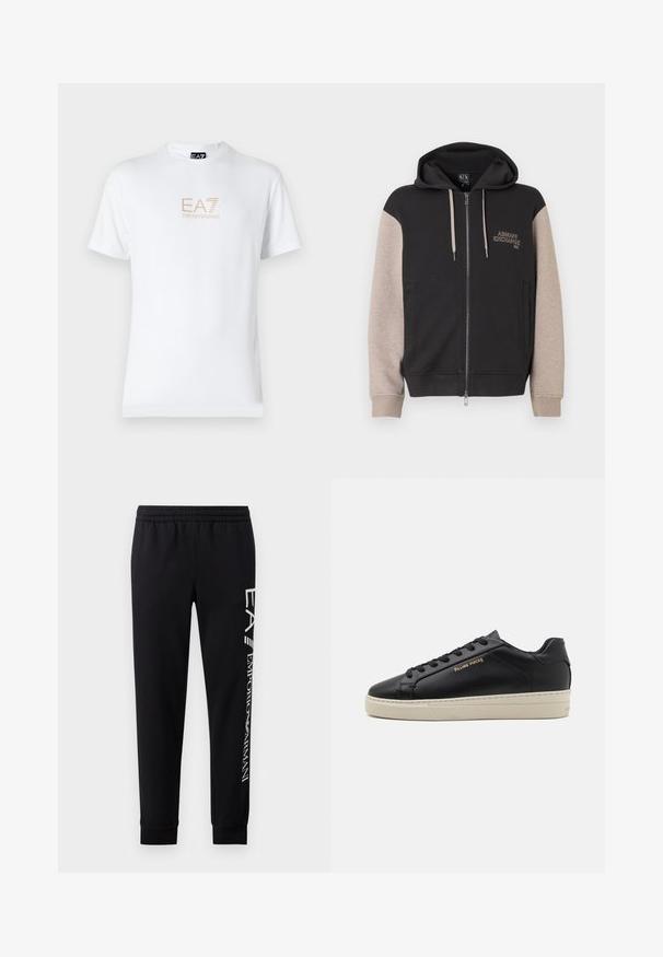 Sudadera con capucha y cremallera, con cuerpo negro y mangas beige. El material es suave con una textura lisa. Logo de la marca en el pecho en un color contrastante.; Camiseta blanca de algodón con escote redondo y mangas cortas, con un logo dorado de EA7 Emporio Armani impreso en el frente.; Pantalones de chándal negros hechos de una mezcla de algodón, con una cinturilla elástica, piernas estrechas, puños acanalados y estampado de logo blanco en el lateral.; Zapatilla de cuero negra con un acabado suave, suela crema en contraste, puntera redonda, logo dorado en el lateral y seis ojales para los cordones.