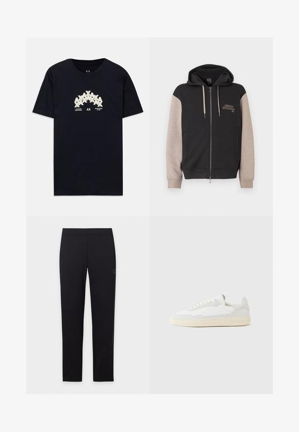 Mikina s kapucňou na zips, čierne telo a béžové rukávy. Materiál je mäkký so hladkou textúrou. Logo značky na hrudi v kontrastnej farbe.; Čierne bavlnené tričko s krémovým grafickým dizajnom a prekrývajúcim sa textom "AX" a "AX MILANO DEPARTMENT ZALOŽENÉ V ROKU 1991." Krátke rukávy.; Čierne priliehavé legíny s elastickým pásom, zobrazené na ploche na bielom pozadí.; Biela teniska s jemne štruktúrovaným zvrškom zo semišu a kože. Má zaoblenú špičku, viazanie na šnúrky a kontrastnú béžovú gumovú podrážku.