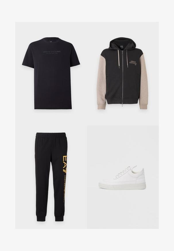 Sweat à capuche zippé avec corps noir et manches beige. Le matériau est doux avec une texture lisse. Logo de la marque sur la poitrine en couleur contrastante.; T-shirt en coton noir à manches courtes, col rond et légèrement ample. Présente le texte "ARMANI EXCHANGE MILANO / NEW YORK" en gris foncé.; Pantalons de survêtement noirs en tissu doux, avec une taille élastique et des chevilles resserrées. Marquage jaune imprimé verticalement sur la jambe gauche.; Baskets en cuir blanc avec un embout arrondi, une semelle plate et un laçage à l'avant. Présentent des détails de couture et un col rembourré pour plus de confort.