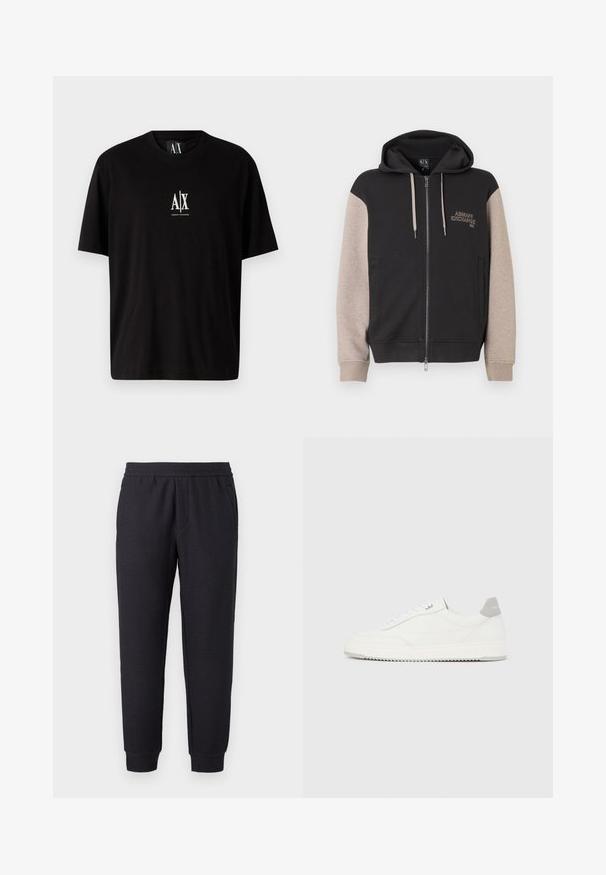 Mikina s kapucňou na zips, čierne telo a béžové rukávy. Materiál je mäkký so hladkou textúrou. Logo značky na hrudi v kontrastnej farbe.; Čierne bavlnené tričko s krátkymi rukávmi, okrúhlym výstrihom a malým bielym logom "A|X" umiestneným na hrudi.; Čierne zúžené tepláky s elastickým pásom a manžetami, s jemným textúrovaným vzorom a bočnými vreckami.; Biela nízka teniska so sivým pätovým pásikom, bielymi šnúrkami a členitou podrážkou, zobrazená na jednoduchom svetlom pozadí.
