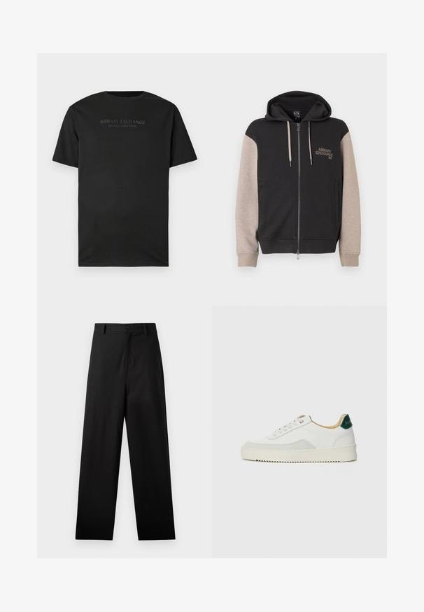 Sweat à capuche zippé avec corps noir et manches beige. Le matériau est doux avec une texture lisse. Logo de la marque sur la poitrine en couleur contrastante.; T-shirt noir à manches courtes avec col rond, portant "ARMANI EXCHANGE MILANO / NEW YORK" imprimé en petites lettres gris foncé sur la poitrine.; Pantalons noirs en coton avec une coupe droite, dotés d'une fermeture à bouton à l'avant et de poches latérales. Texture lisse, sans motifs.; Baskets blanches avec des accents en daim, bout arrondi, lacets plats et semelle en caoutchouc crème. Présente une marque verte sur le talon.