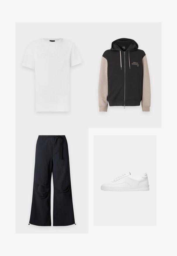 Sweat à capuche zippé avec corps noir et manches beige. Le matériau est doux avec une texture lisse. Logo de la marque sur la poitrine en couleur contrastante.; T-shirt en coton blanc avec un col rond et des manches courtes, présentant un logo "DONDUP" ton sur ton subtil imprimé sur le devant.; Pantalon noir à jambes larges en tissu léger. Dispose d'une ceinture, de deux grandes poches latérales et d'ourlets ajustables avec fermetures à cordon.; Baskets basses blanches avec un design à lacets, dessus en cuir lisse et semelle épaisse, montrées de profil sur un fond uni.
