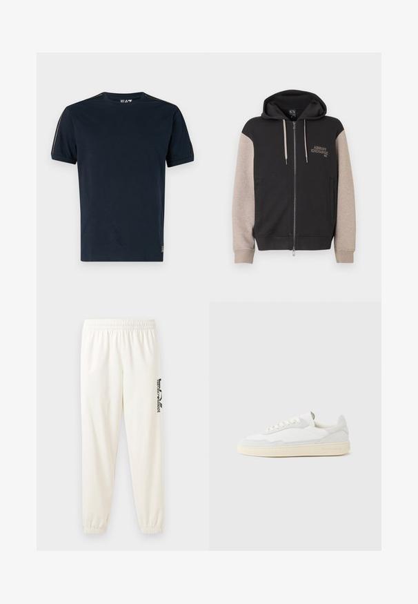 Sudadera con capucha y cremallera, con cuerpo negro y mangas beige. El material es suave con una textura lisa. Logo de la marca en el pecho en un color contrastante.; Camiseta de color azul marino hecha de algodón, con mangas cortas, cuello redondo y detalles texturizados en los hombros. Logo en la parte inferior izquierda.; Pantalones deportivos de un color beige claro con cinturilla elástica y puños elásticos. Presenta un logo negro impreso en la pierna izquierda. Textura de tela suave.; Zapatilla blanca con parte superior texturizada de ante y cuero. Presenta una puntera redondeada, cierre con cordones y suela de goma beige contrastante.