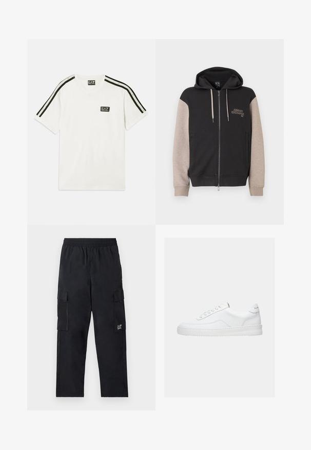 Mikina s kapucňou na zips, čierne telo a béžové rukávy. Materiál je mäkký so hladkou textúrou. Logo značky na hrudi v kontrastnej farbe.; Biela bavlnená tričko s okrúhlym výstrihom, krátkymi rukávmi, čiernymi akcentovými pruhmi na pleciach a malým logom EA7 na hrudi.; Čierne cargo nohavice s elastickým pásom, bočnými vreckami a malým logom na ľavej nohe. Vyrobené z ľahkej, hladkej tkaniny.; Biela nízka teniska so šnurovacím dizajnom, hladkým koženým zvrškom a hrubou podrážkou, zobrazená z bočného pohľadu na jednoduchom pozadí.