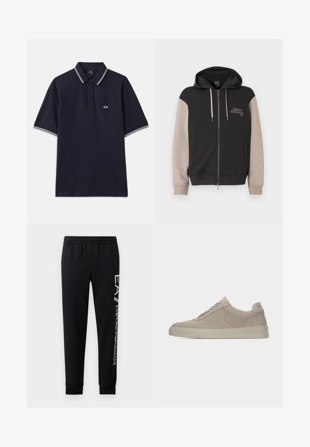 Kapuzensweatshirt mit Reißverschluss, schwarzer Körper und beige Ärmel. Das Material ist weich mit glatter Textur. Markenlogo auf der Brust in kontrastierender Farbe.; Marineblaues Poloshirt aus Baumwolle mit klassischem Kragen, zwei Knöpfen und weißen Streifenakzenten an den Ärmeln. Kleines Logo auf der Brust.; Schwarze Sweatpants aus Baumwollmischung mit elastischem Taillenbund, schmal zulaufenden Beinen, gerippten Bündchen und weißem Logo-Druck entlang der Seite.; Beige Wildledersneaker mit strukturierter Oberfläche, abgerundeter Zehenpartie und tonalen Schnürsenkeln. Verfügt über eine dicke Gummisohle und dezente Markenkennzeichnung an der Ferse.