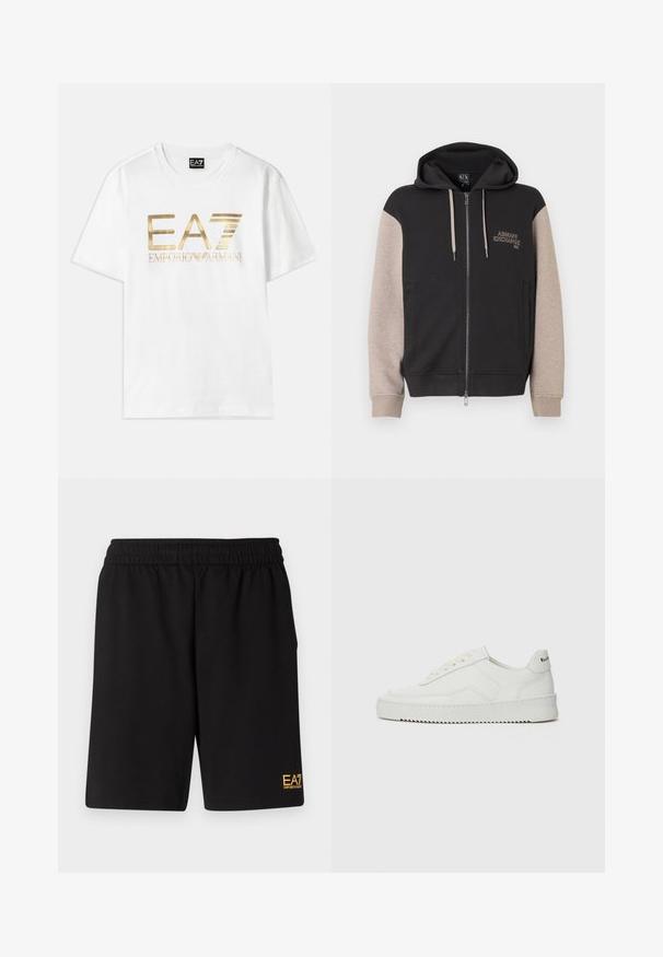 Sudadera con capucha y cremallera, con cuerpo negro y mangas beige. El material es suave con una textura lisa. Logo de la marca en el pecho en un color contrastante.; Camiseta de algodón blanca con un gran logo metálico dorado "EA7" y el texto "EMPORIO ARMANI" debajo, con mangas cortas y cuello redondo.; Pantalones cortos deportivos negros de tejido suave, con una cintura elástica y un pequeño logo amarillo de EA7 en la parte inferior de la pierna izquierda.; Zapatilla de cuero blanca con un acabado suave, puntera redonda, cordones planos y suela texturizada. Cuenta con un sutil logo en el talón.