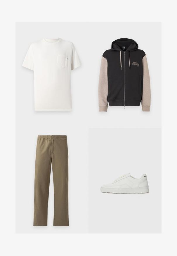 Hættetrøje med lynlås og sort krop samt beige ærmer. Materialet er blødt med en glat tekstur. Brandlogo på brystet i kontrastfarve.; Hvid bomulds t-shirt med korte ærmer, rund hals og brystlomme. Glat tekstur og minimalistisk design. Ingen synlige mønstre eller accenter.; Khaki bukser lavet af letvægtsmateriale. Har en elastisk talje, knaplukning, lige ben og en glat overflade.; Hvide lædersneakers med en glat overflade, rund tå, flade snørebånd og en tekstureret sål. Har et diskret logo på hælen.