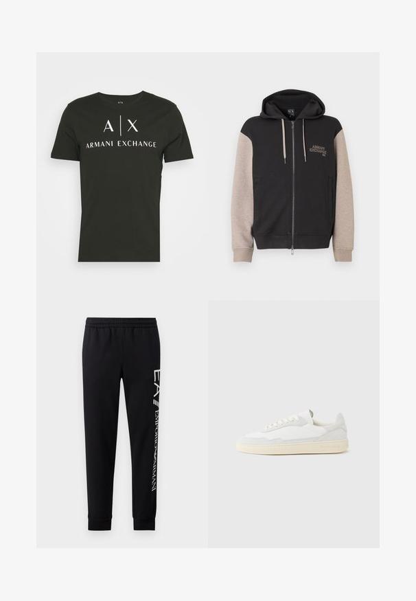 Kapuzensweatshirt mit Reißverschluss, schwarzer Körper und beige Ärmel. Das Material ist weich mit glatter Textur. Markenlogo auf der Brust in kontrastierender Farbe.; Schwarzes Rundhals-T-Shirt aus Baumwolle mit dem weißen Logo "A|X ARMANI EXCHANGE". Kurze Ärmel und eine lässige Passform.; Schwarze Sweatpants aus Baumwollmischung mit elastischem Taillenbund, schmal zulaufenden Beinen, gerippten Bündchen und weißem Logo-Druck entlang der Seite.; Weißer Sneaker mit strukturiertem Obermaterial aus Wildleder und Leder. Verfügt über eine runde Zehenpartie, Schnürverschluss und eine kontrastierende beige Gummisohle.