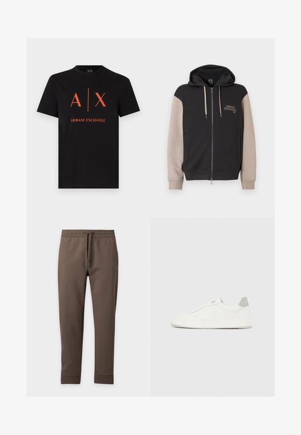 Sweat à capuche zippé avec corps noir et manches beige. Le matériau est doux avec une texture lisse. Logo de la marque sur la poitrine en couleur contrastante.; T-shirt noir à manches courtes avec col rond, grand logo orange "A | X" et texte "Armani Exchange" centrés sur le devant.; Pantalon de survêtement marron fuselé avec taille élastique et cordon, présenté à plat sur un fond clair.; Baskets basses blanches avec un onglet de talon gris, des lacets blancs et une semelle texturée, présentées sur un fond uni clair.