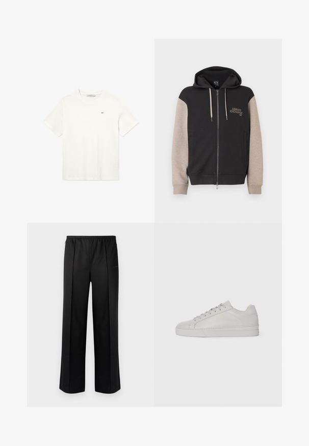 Hættetrøje med lynlås og sort krop samt beige ærmer. Materialet er blødt med en glat tekstur. Brandlogo på brystet i kontrastfarve.; Hvid bomulds T-shirt med korte ærmer, rund halsudskæring og et lille sort logo på brystet. Simpelt, uudsmykket design.; Les Benjamins Bukser - black; Lys grå lædersneaker med en glat tekstur, afrundet tå, flad gummisål og tonede snørebånd. Har minimal branding i guld.