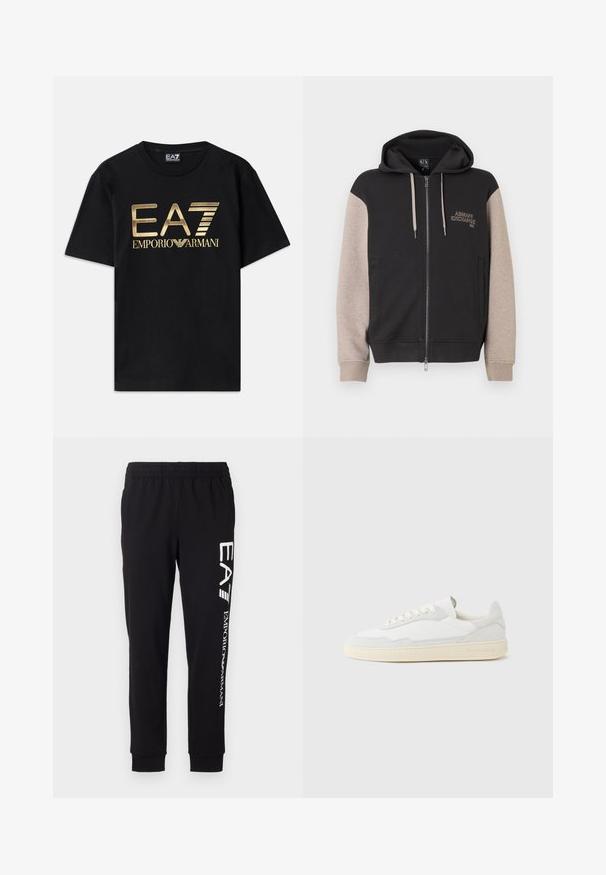 Kapuzensweatshirt mit Reißverschluss, schwarzer Körper und beige Ärmel. Das Material ist weich mit glatter Textur. Markenlogo auf der Brust in kontrastierender Farbe.; Schwarzes Baumwoll-T-Shirt mit kurzen Ärmeln, auf dessen Vorderseite ein in Gold gedrucktes "EA7 EMPORIO ARMANI" Logo prangt. Schlichtes Design, Rundhalsausschnitt.; Schwarze Jogginghose aus dehnbarem Stoff. Verfügt über einen elastischen Bund, schmale Bündchen und weiße Markenkennzeichnung am linken Bein.; Weißer Sneaker mit strukturiertem Obermaterial aus Wildleder und Leder. Verfügt über eine runde Zehenpartie, Schnürverschluss und eine kontrastierende beige Gummisohle.