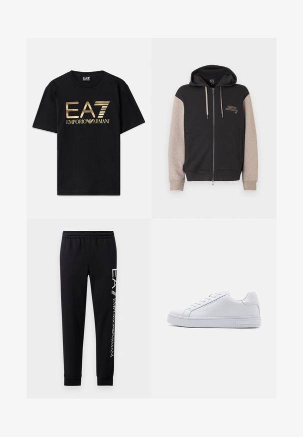 Kapuzensweatshirt mit Reißverschluss, schwarzer Körper und beige Ärmel. Das Material ist weich mit glatter Textur. Markenlogo auf der Brust in kontrastierender Farbe.; Schwarzes Baumwoll-T-Shirt mit kurzen Ärmeln, auf dessen Vorderseite ein in Gold gedrucktes "EA7 EMPORIO ARMANI" Logo prangt. Schlichtes Design, Rundhalsausschnitt.; Schwarze Sweatpants aus Baumwollmischung mit elastischem Taillenbund, schmal zulaufenden Beinen, gerippten Bündchen und weißem Logo-Druck entlang der Seite.; Weiße Ledersneaker mit glatter Textur, runder Zehenform, Schnürung vorne und flacher Gummisohle. Mit eingeprägtem Branding an der Ferse.
